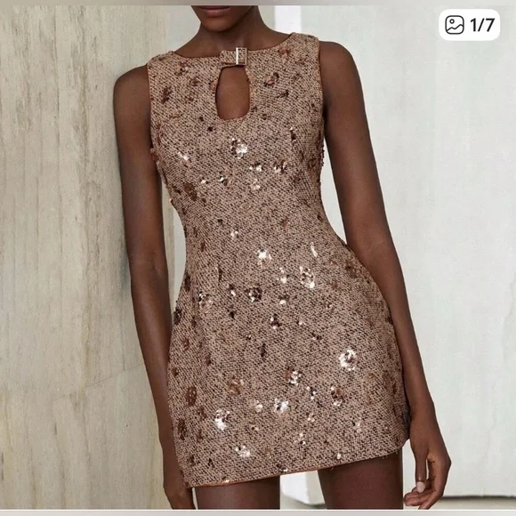 Brown Party Women's Mixed Tweed Fabric With Sequins Design mini Dress. - Picture 1 of 13